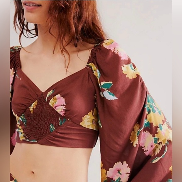 New Free People Large Dusk Til Dawn Crop Top with Balloon Sleeves Maroon Floral - Picture 1 of 9